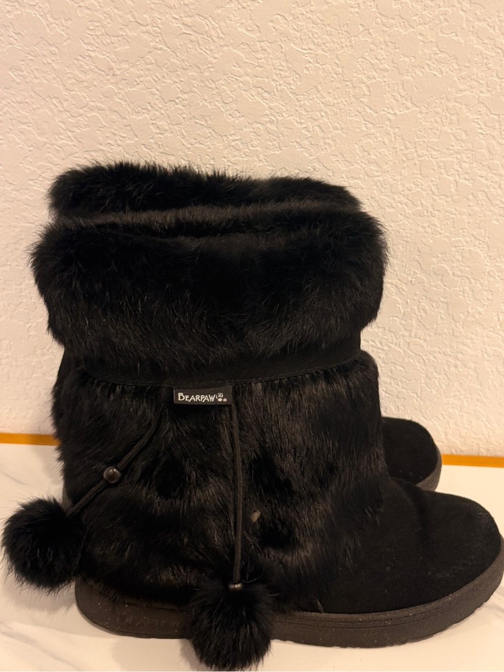 BearPaw Black Faux Fur Pom‎ Pom Ankle Boots